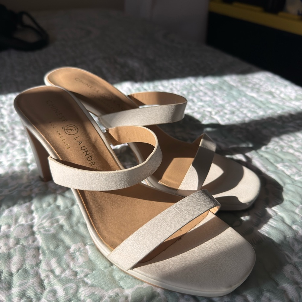 Chinese Laundry Cream Heels with Multi-Strap Design